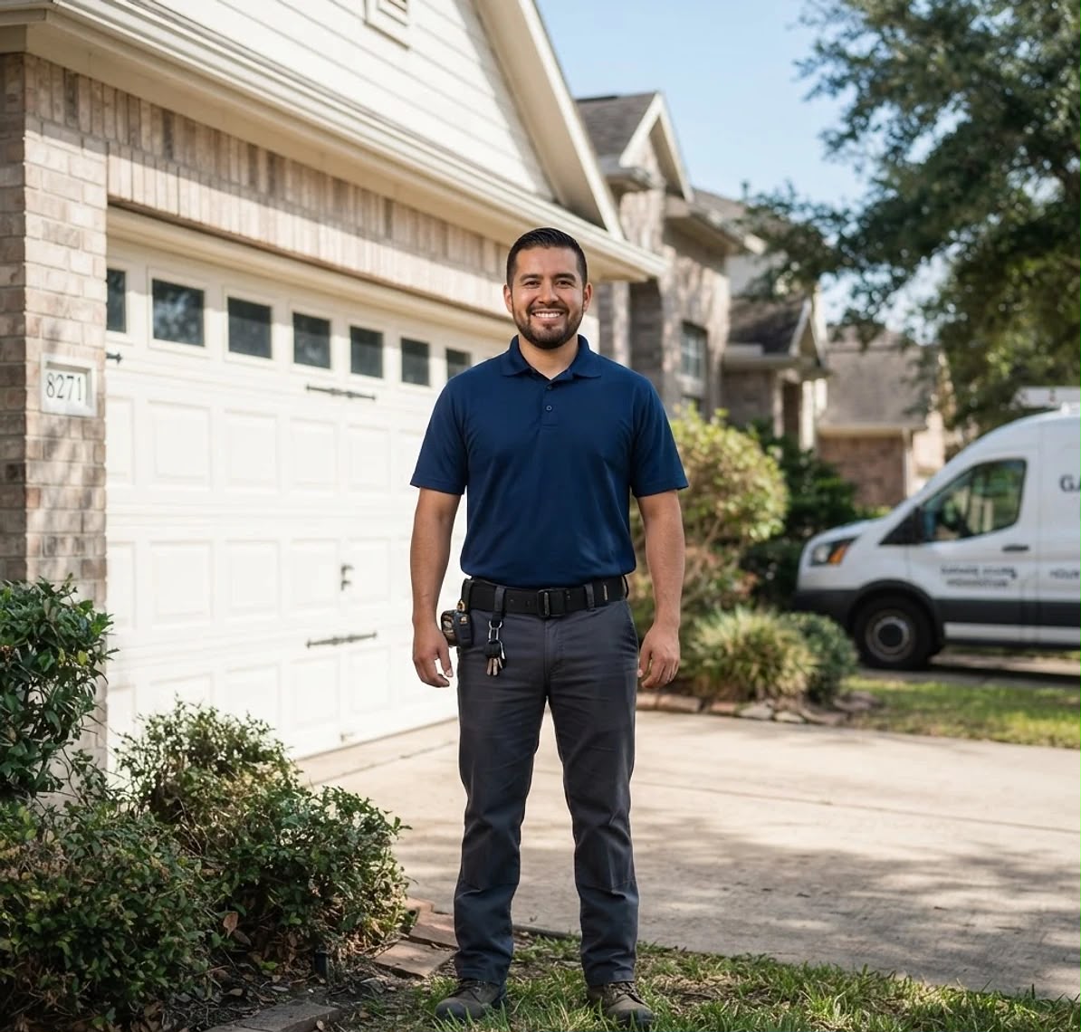 Ultra Garage Door technician with service van in Houston